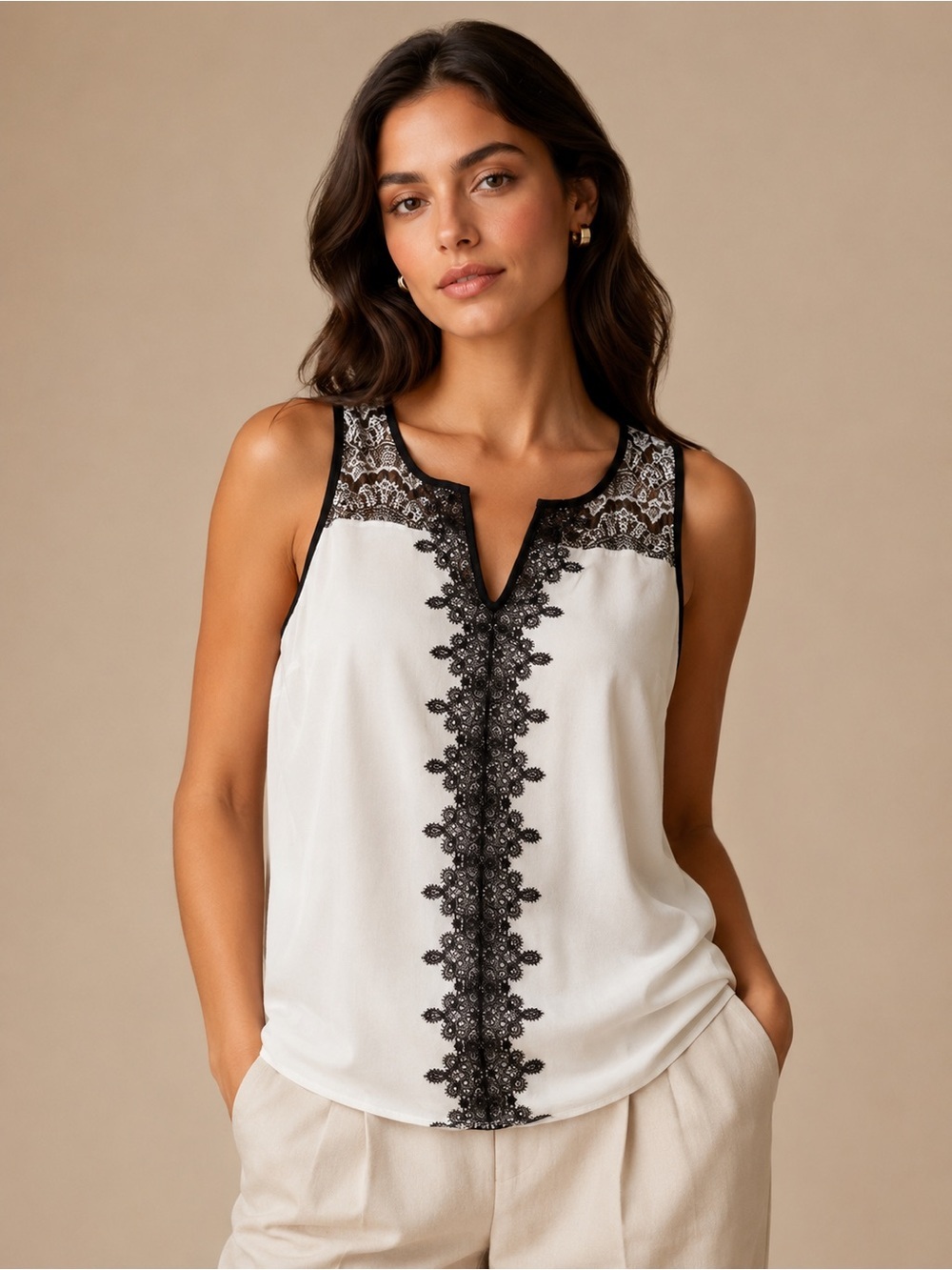 Market & Spruce White Sleeveless Camisole with Black Lace Trim